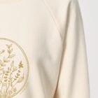 Sweat femme en coton biologique, col bateau. Couleur naturel du coton avec un dessin de fleurs sur le devant sérigraphié en doré.
