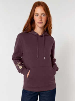 Sweat pour homme et femme en coton biologique de couleur aubergine avec un dessin dans le dos représentant les cinq éléments de sérigraphie beige.