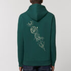 Sweat pour homme et femme en coton biologique de couleur vert sapin avec un dessin dans le dos représentant les cinq éléments de sérigraphie beige.