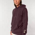 Sweat pour homme et femme en coton biologique de couleur aubergine avec un dessin dans le dos représentant les cinq éléments de sérigraphie beige.