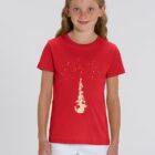 Tshirt enfant manche courte en coton biologique. De couleur rouge avec le dessin d'une pyramide d'animaux qui essayent d'attraper les étoiles. La couleur de la sérigraphie est beige.
