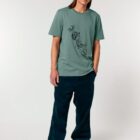 Tshirt homme manche courte en coton biologique de couleur vert jade avec un dessin représentant les cinq éléments en sérigraphie de couleur noir.