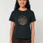 Tshirt femme manche courte de couleur noir et en coton biologique avec dessin de fleurs en sérigraphie doré.