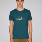 Tshirt homme manche courte en coton biologique couleur ardoise avec le dessin d'une montagne et inscrit silence de sérigraphie beige.
