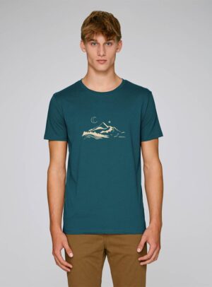 Tshirt homme manche courte en coton biologique couleur ardoise avec le dessin d'une montagne et inscrit silence de sérigraphie beige.