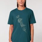 Tshirt homme manche courte en coton biologique de couleur ardoise avec un dessin représentant les cinq éléments en sérigraphie de couleur noir.