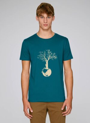 Tshirt homme manche courte couleur ardoise avec le dessin d'un arbre sur une planète et sérigraphie de couleur beige.