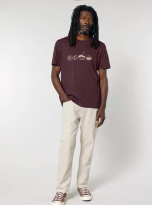 Tshirt homme manche courte en coton biologique avec un dessin représentant les éléments de la nature sur une ligne avec l'inscription des racines aux étoiles de couleur vert jade et de sérigraphie noir.