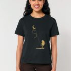Tshirt femme manche courte de coton biologique couleur noir avec dessin d'une lune et d'un cerf volant et la sérigraphie de couleur doré.