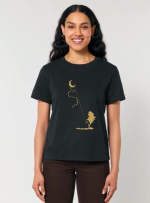 Tshirt femme manche courte de coton biologique couleur noir avec dessin d'une lune et d'un cerf volant et la sérigraphie de couleur doré.
