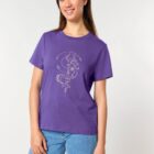 Tshirt femme manche courte en coton biologique mauve avec le dessin d'un lion de sérigraphie beige.
