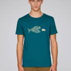 Tshirt homme manche courte coton biologique couleur ardoise avec le dessin d'un poisson en forme de vélo qui mange un 4x4 avec une sérigraphie beige.