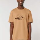 Tshirt homme manche courte en coton biologique couleur noisette avec le dessin d'une montagne et inscrit silence de sérigraphie marron.