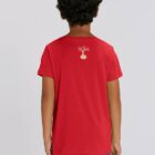 Tshirt enfant manche courte en coton biologique. De couleur rouge vue de dos avec le logo de la marque entre les épaules. La couleur de la sérigraphie est beige.