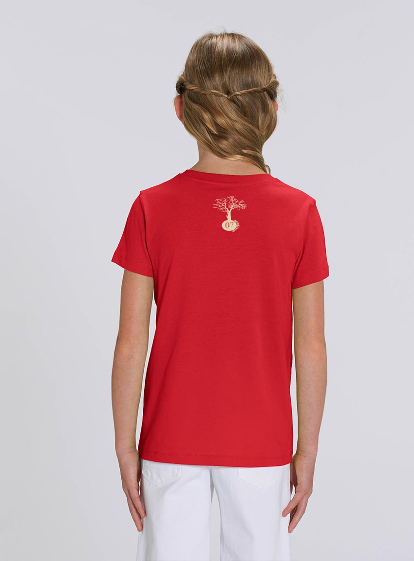 Tshirt enfant manche courte en coton biologique. De couleur rouge vue de dos avec le logo de la marque entre les épaules. La couleur de la sérigraphie est beige.