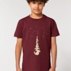 Tshirt enfant manche courte en coton biologique. De couleur bordeau avec le dessin d'une pyramide d'animaux qui essayent d'attraper les étoiles. La couleur de la sérigraphie est beige.