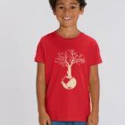 Tshirt enfant manche courte en coton biologique. De couleur rouge avec le dessin d'un arbre sur une planète avec l'inscription save the world. La couleur de la sérigraphie est beige.
