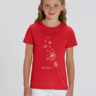 Tshirt enfant manche courte en coton biologique. De couleur rouge avec le dessin d'une abeille et d'un pissenlit avec l'inscription bee la vie. La couleur de la sérigraphie est beige.