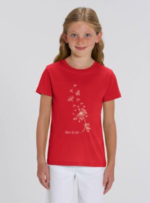 Tshirt enfant manche courte en coton biologique. De couleur rouge avec le dessin d'une abeille et d'un pissenlit avec l'inscription bee la vie. La couleur de la sérigraphie est beige.