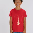 Tshirt enfant manche courte en coton biologique. De couleur rouge avec le dessin d'une pyramide d'animaux qui essayent d'attraper les étoiles. La couleur de la sérigraphie est beige.