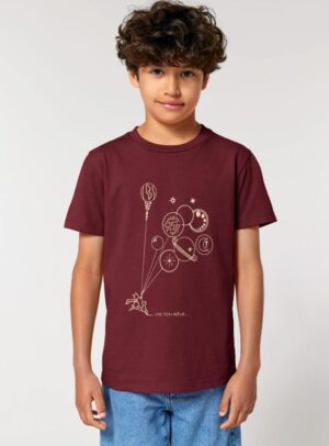 Tshirt enfant manche courte en coton biologique. De couleur bordeau avec le dessin d'un bouquet de planète et du petit prince. La couleur de la sérigraphie est beige.
