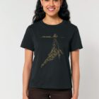 Tshirt femme manche courte de coton biologique couleur noir avec dessin d'une baleine avec motifs polynésiens et la sérigraphie de couleur doré.