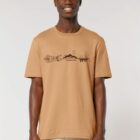 Tshirt homme manche courte en coton biologique avec un dessin représentant les éléments de la nature sur une ligne avec l'inscription des racines aux étoiles de couleur ocre et de sérigraphie marron.