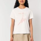 Tshirt femme manche courte de coton biologique couleur beige avec dessin d'une baleine avec motifs polynésiens et la sérigraphie de couleur pêche.