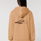 Veste sweat pour homme et femme en coton biologique de couleur noisette avec un dessin de montagne dans le dos et une inscription noté silence de sérigraphie marron.