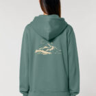 Veste sweat pour homme et femme en coton biologique de couleur vert jade avec un dessin de montagne dans le dos et une inscription noté silence de sérigraphie beige.