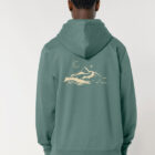 Veste sweat pour homme et femme en coton biologique de couleur vert jade avec un dessin de montagne dans le dos et une inscription noté silence de sérigraphie beige.