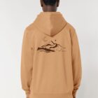 Veste sweat pour homme et femme en coton biologique de couleur noisette avec un dessin de montagne dans le dos et une inscription noté silence de sérigraphie marron.