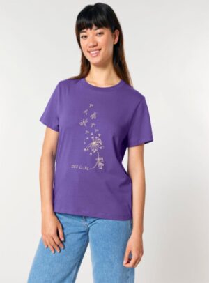Tshirt femme manche courte de couleur mauve et en coton biologique avec dessin d'abeille et de pissenlit en sérigraphie beige.