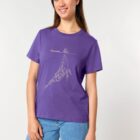 Tshirt femme manche courte de coton biologique couleur mauve avec dessin d'une baleine avec motifs polynésiens et la sérigraphie de couleur beige.