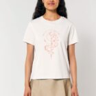 Tshirt femme manche courte en coton biologique couleur beige avec le dessin d'un lion de sérigraphie pêche.
