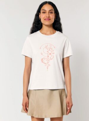 Tshirt femme manche courte en coton biologique couleur beige avec le dessin d'un lion de sérigraphie pêche.